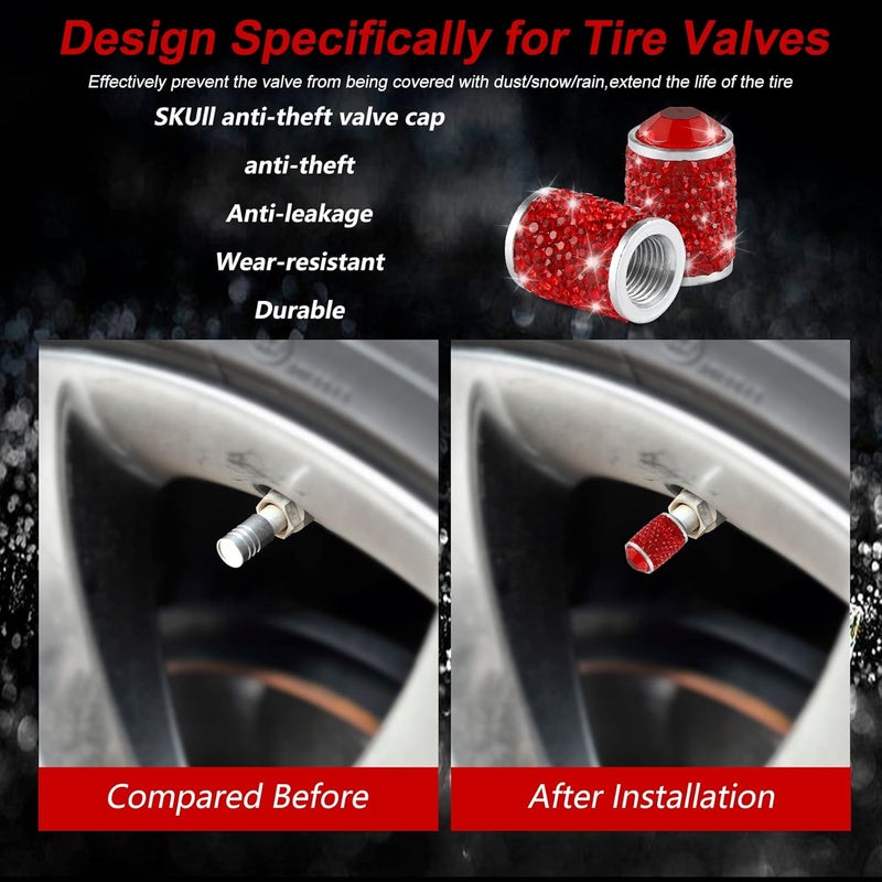 alpmosn Car Wheel Tire Valve Caps, 4 PCS Bling Tire Valve Caps, Crystal Tire Caps Shinny Rhinestone for Women, Universal Car Dustproof Tire Valve Caps for Cars, Trucks, SUV and Motorcycles (Red) - Image 4